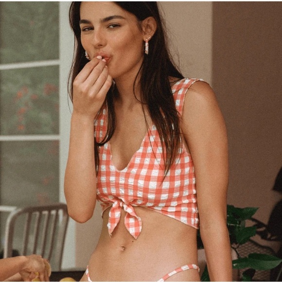 Montce Shrimp Gingham Sheer Kim Bikini Top NWT - Picture 1 of 12